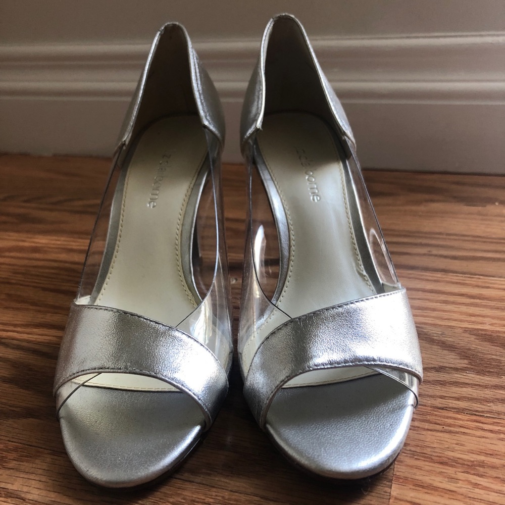 Silver peep toe pumps